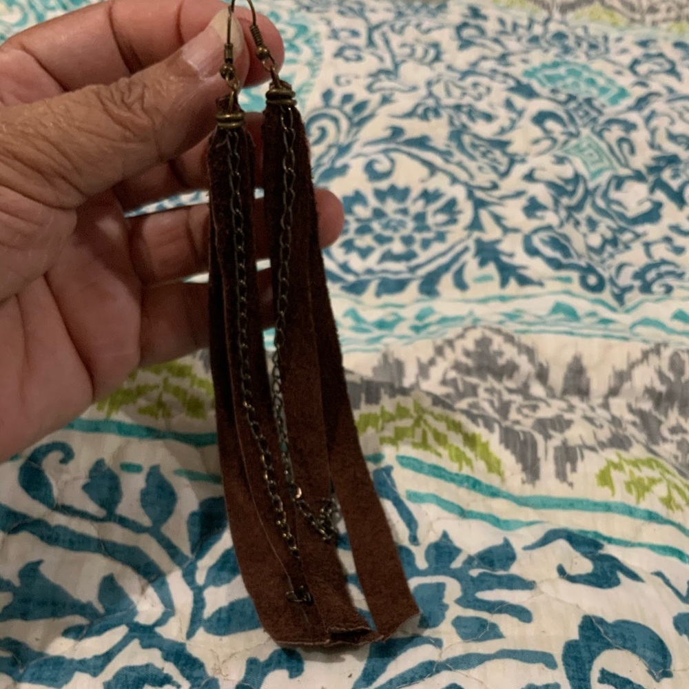 Brown brass tassel leather earrings handmade new